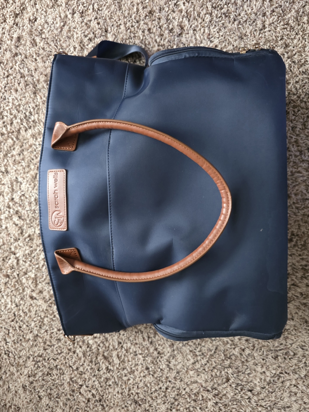 Sarah Wells Breast Pump Tote in Navy with Tan Handles